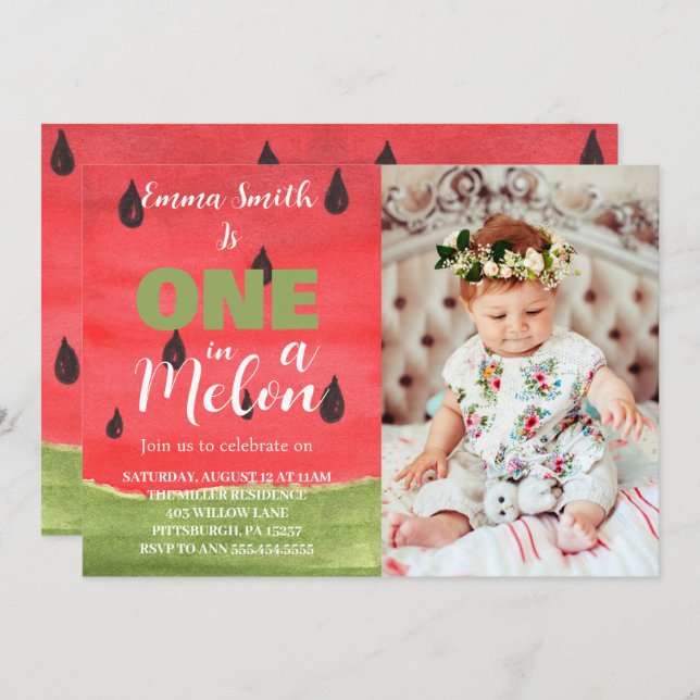One in a Melon Watermelon 1st Birthday Photo Invitation (Front/Back)