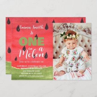 One in a Melon Watermelon 1st Birthday Photo Invitation