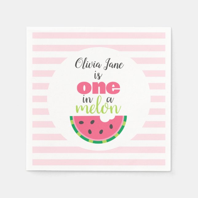 One in a Melon Watermelon Baby Girl 1st Birthday Napkin (Front)