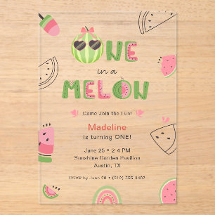 One in a Melon Watermelon Baby Girl First Birthday Acrylic Invitations