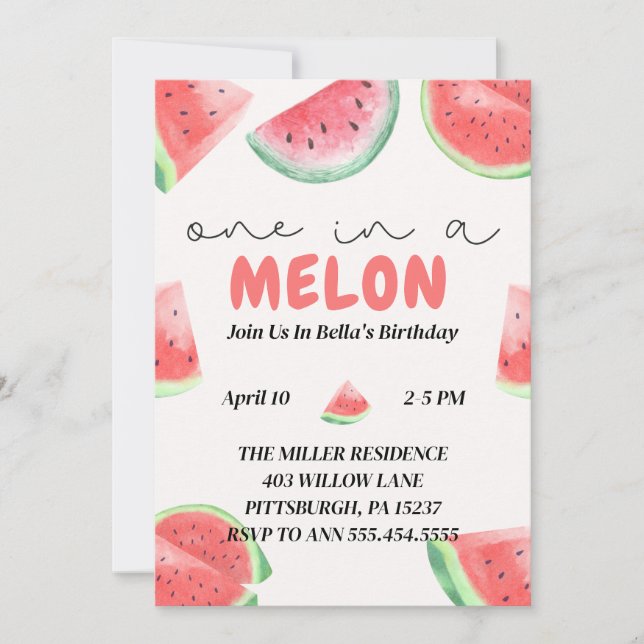 One in a Melon Watermelon Birthday Invitation (Front)