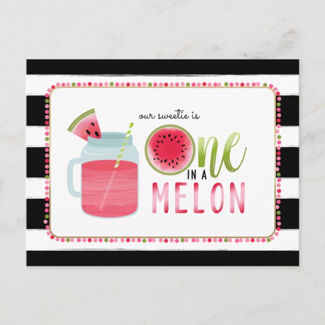 One In A Melon Watermelon Black + White Birthday Invitation Postcard (Front)