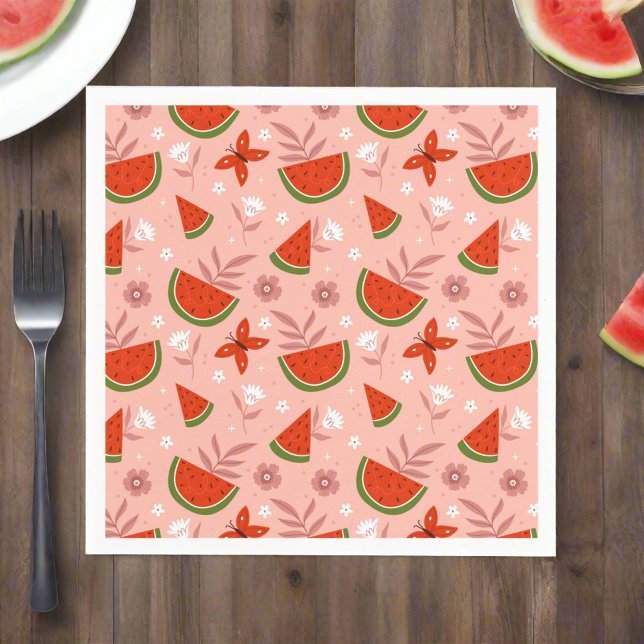 One in a Melon Watermelon Butterflies Birthday Napkin (Creator Uploaded)