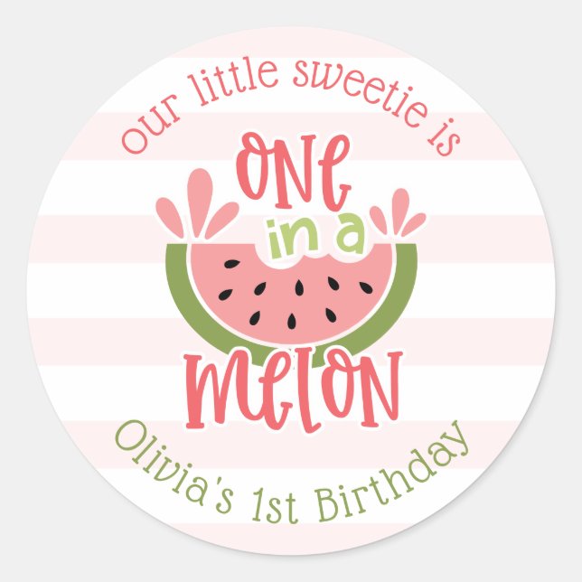 One In A Melon Watermelon First Birthday Classic Round Sticker (Front)