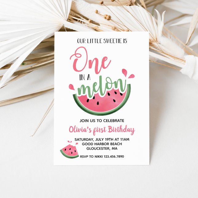 One in a Melon Watermelon First Birthday Invitatio Invitation (Creator Uploaded)