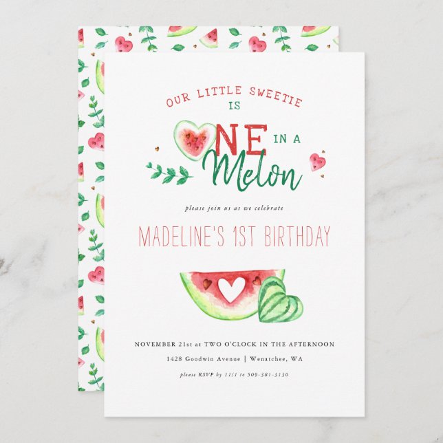 One In A Melon | Watermelon First Birthday Invitation (Front/Back)