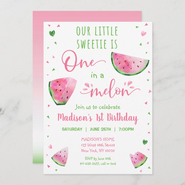 One In A Melon Watermelon First Birthday Invitation (Front/Back)