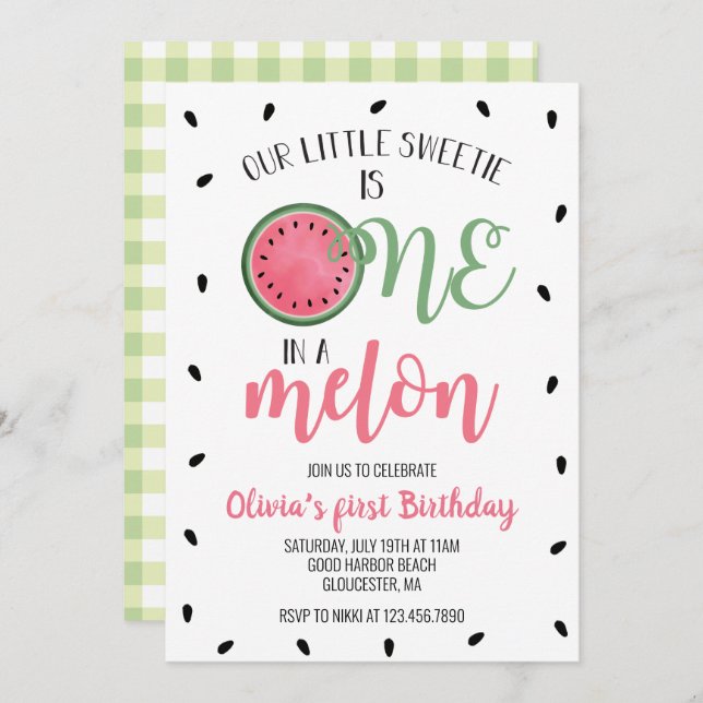 One in a Melon Watermelon First Birthday Invitation (Front/Back)