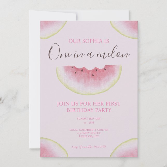 One In A Melon Watermelon First Birthday Invitation (Front)