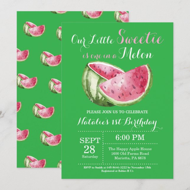 One in a Melon Watermelon First Birthday Invite (Front/Back)