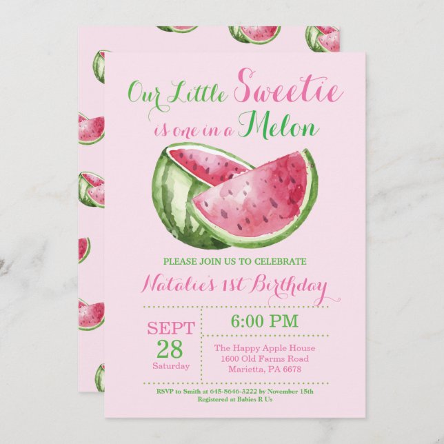 One in a Melon Watermelon First Birthday Invite (Front/Back)
