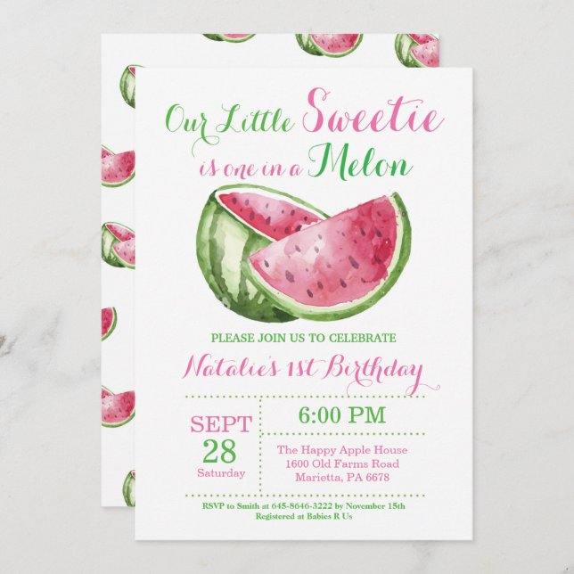 One in a Melon Watermelon First Birthday Invite (Front/Back)