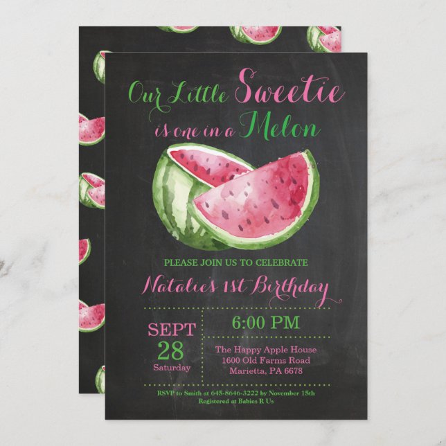 One in a Melon Watermelon First Birthday Invite (Front/Back)
