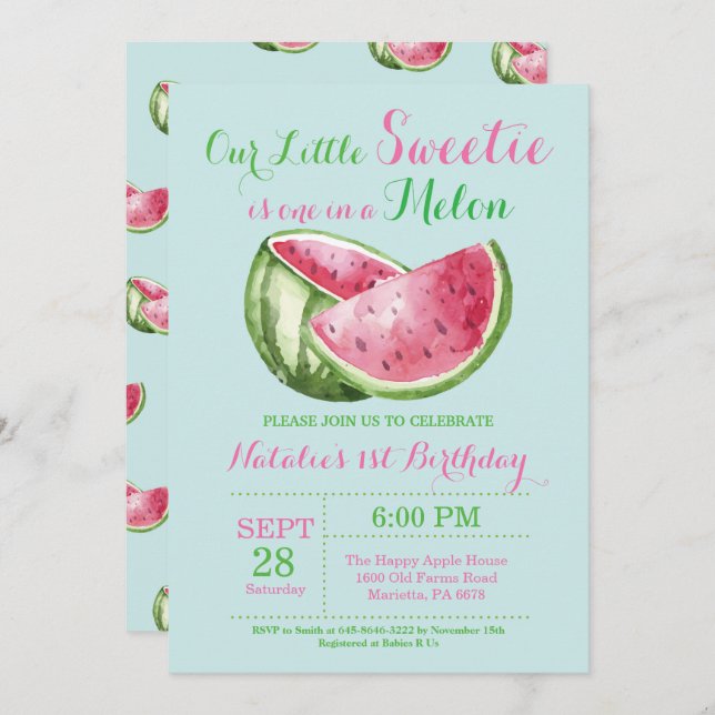 One in a Melon Watermelon First Birthday Invite (Front/Back)