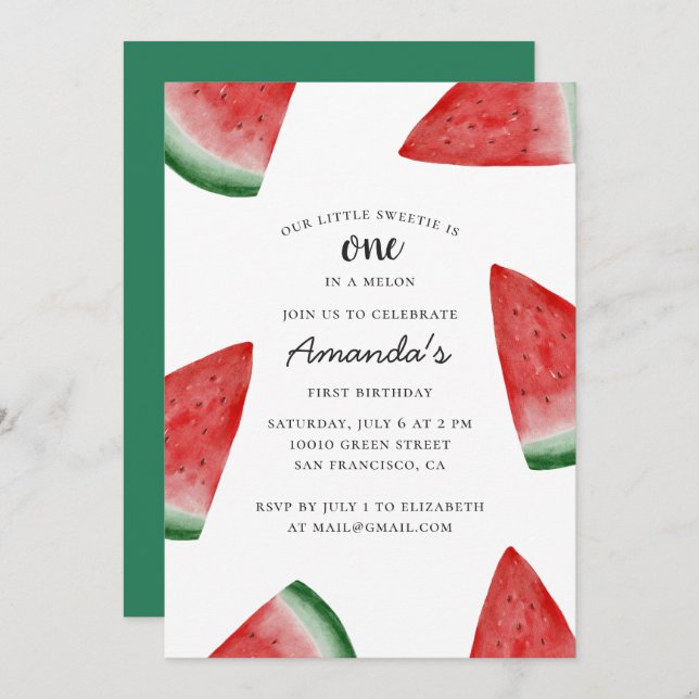 One in a melon. Watermelon first birthday party Invitation (Front/Back)