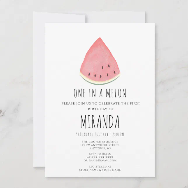 One in a Melon Watermelon First Birthday Party Invitation | Zazzle