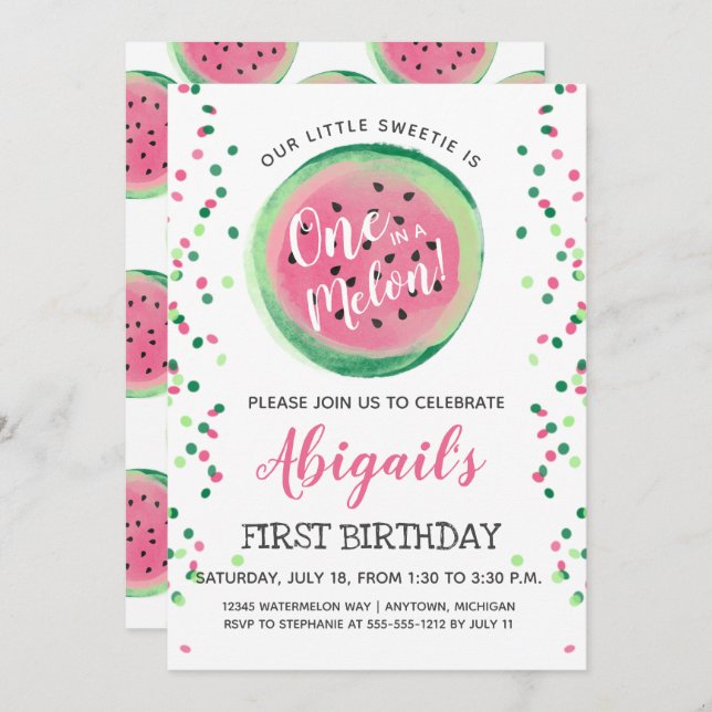 One in a Melon Watermelon First Birthday Party Invitation (Front/Back)