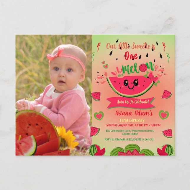 One In A Melon Watermelon First Birthday Photo  Invitation Postcard (Front)