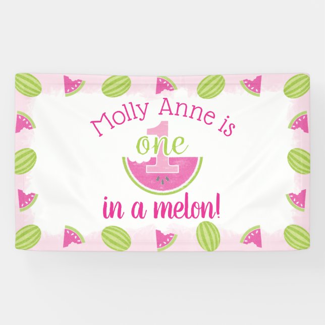 One in a Melon Watermelon Girl 1st Birthday Banner (Horizontal)