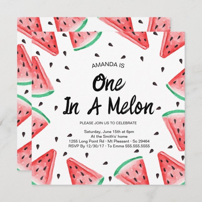 One in a Melon Watermelon Girl 1st Birthday  Invitation (Front/Back)