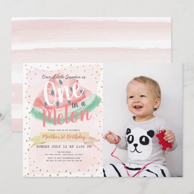 One in a Melon Watermelon Girl Photo 1st Birthday Invitation (Front/Back)