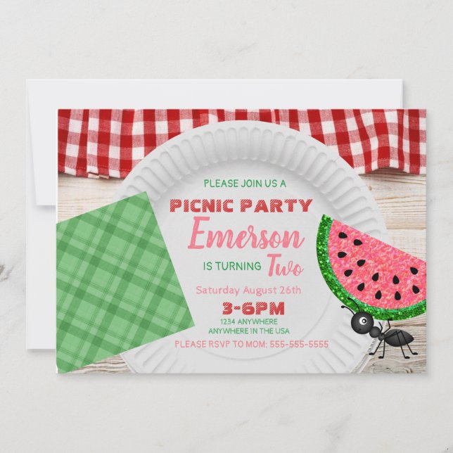 One in a melon, watermelon invitation, picnic invitation (Front)