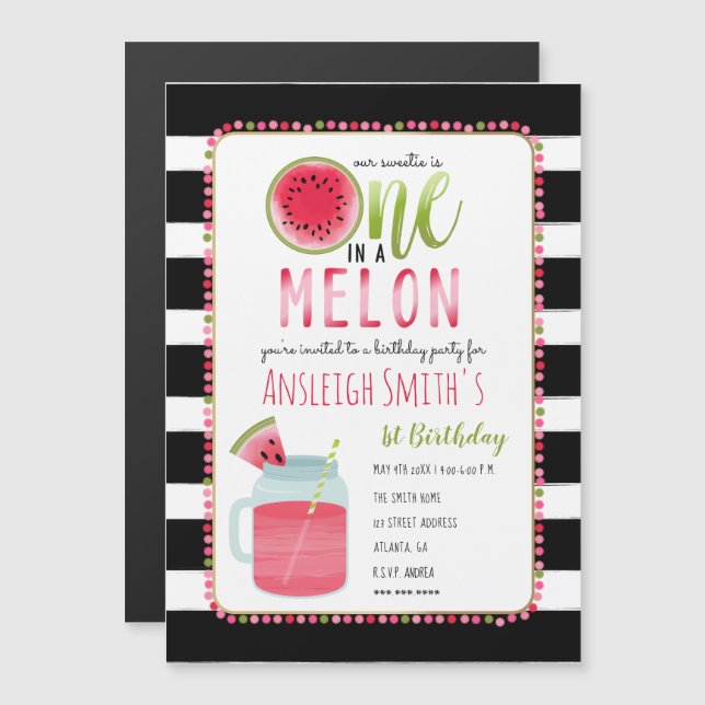 One In A Melon Watermelon Mason Jar First Birthday Magnetic Invitation (Front/Back)