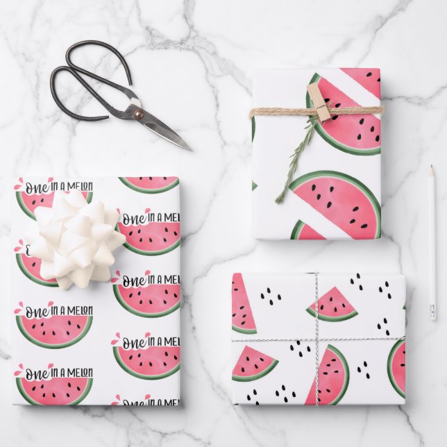 One In A Melon Watermelon Patterns Birthday Wrapping Paper Sheet (Front)