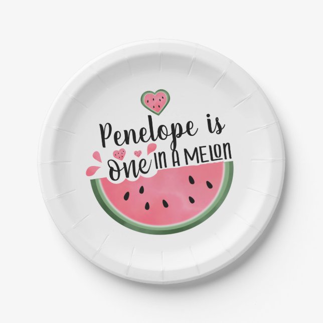 One In A Melon Watermelon Personalised Birthday  Paper Plate (Front)