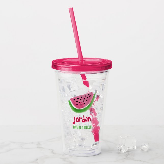 One In a Melon Watermelon Personalised Name Pink Acrylic Tumbler (Front Ice)