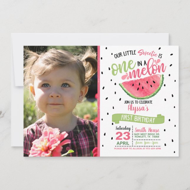 One In a Melon Watermelon Photo Invitation (Front)