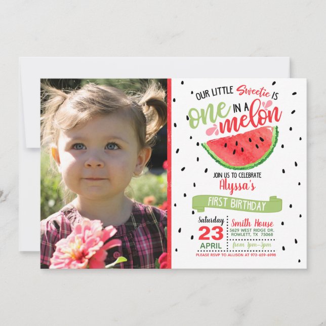 One In a Melon Watermelon Photo Invitation - Red (Front)