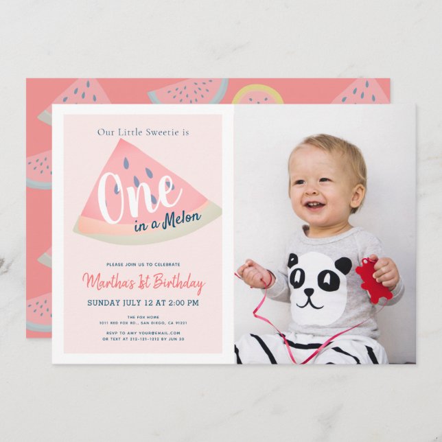 One in a Melon Watermelon Pink Photo 1st Birthday Invitation (Front/Back)