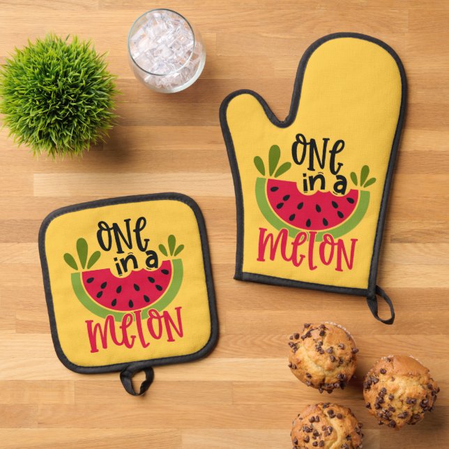 One in a Melon Watermelon Pun Oven Mitt & Pot Holder Set (Top Down)
