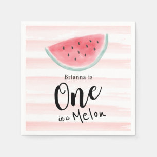 One in a Melon Watermelon Stripe 1st Birthday Napkin