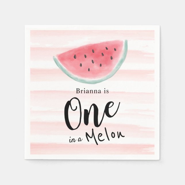 One in a Melon Watermelon Stripe 1st Birthday Napkin (Front)