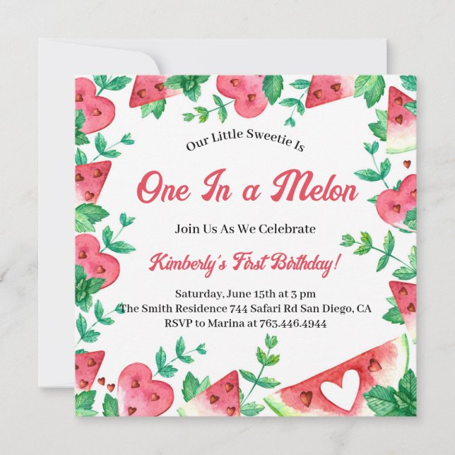 One In A Melon Watermelon Summer 1st Birthday  Invitation (Front)