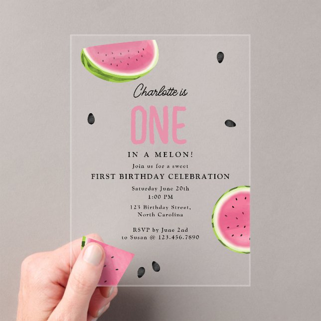 One in a Melon Watermelon Summer Birthday Acrylic Invitations (Insitu (Handheld))