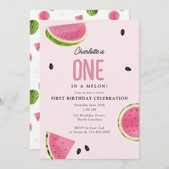 One in a Melon Watermelon Summer Birthday Invitation (Front/Back)