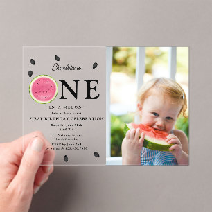 One in a Melon Watermelon Summer Photo Birthday Acrylic Invitations