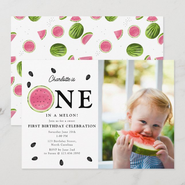 One in a Melon Watermelon Summer Photo Birthday Invitation (Front/Back)