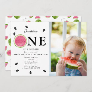 One in a Melon Watermelon Summer Photo Birthday Invitation