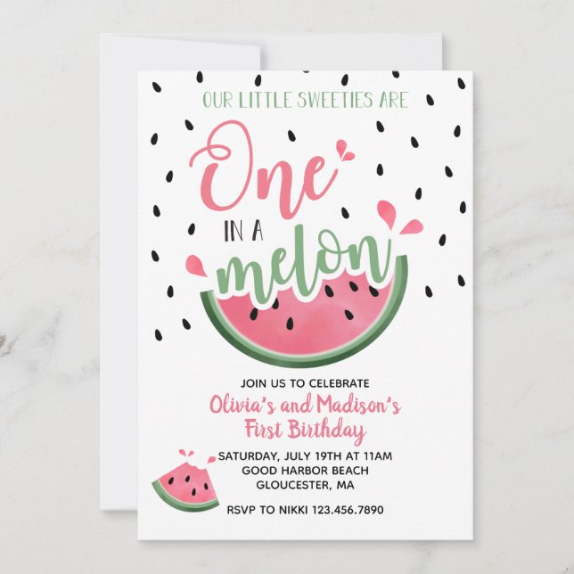 One in a Melon Watermelon Twin First Birthday Invitation (Front)