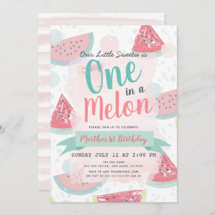 One in a Melon Watermelon Watercolor 1st Birthday Invitation
