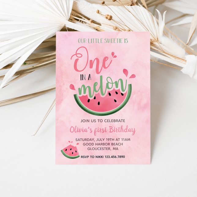 One in a Melon Watermelon watercolor 1st Birthday  Invitation (Creator Uploaded)