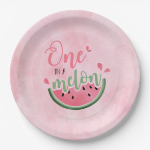 One in a Melon Watermelon watercolor 1st Birthday Paper Plate