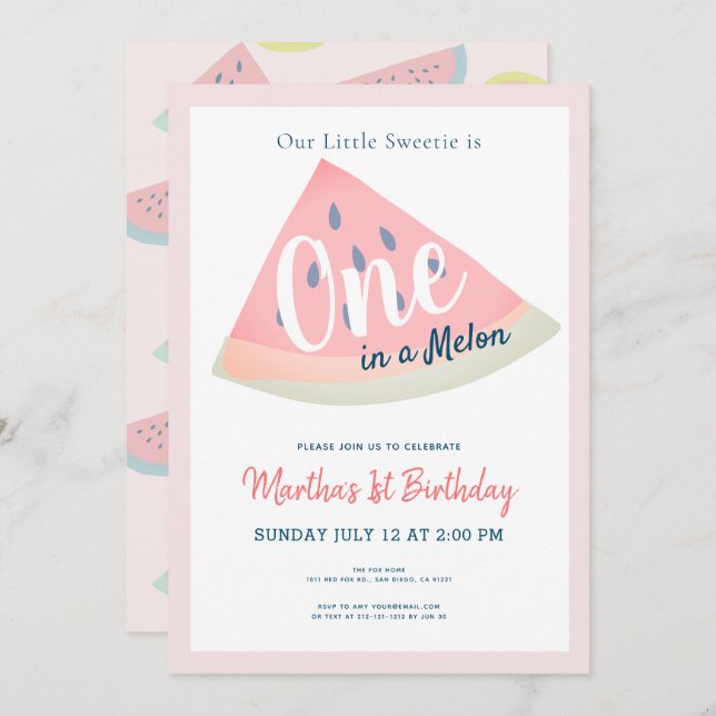 One in a Melon Watermelon White 1st Birthday Invitation (Front/Back)