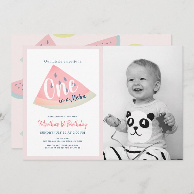 One in a Melon Watermelon White 1st Birthday Photo Invitation (Front/Back)