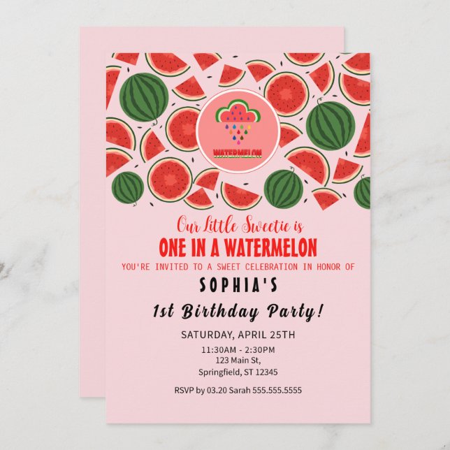 One in a Watermelon! 1st Birthday Party Invitation (Front/Back)