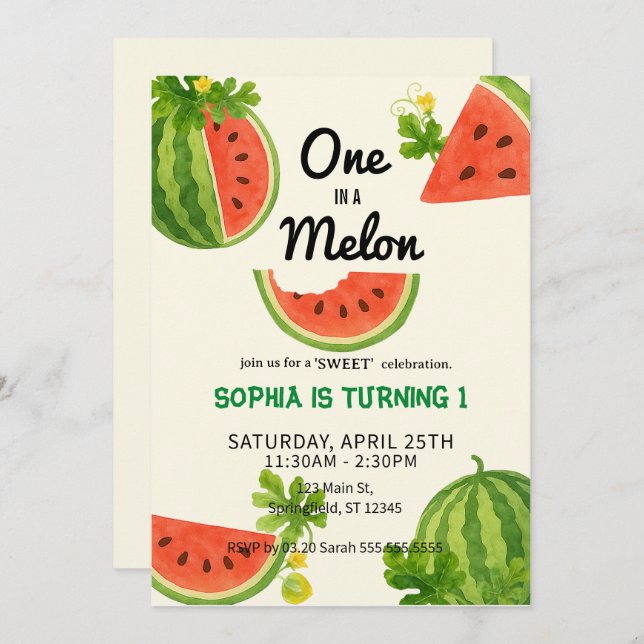 One in a Watermelon! 1st Birthday Party Invitation (Front/Back)